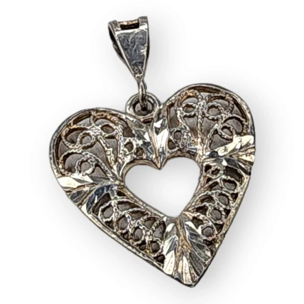 Vintage Signed NF Filagree Heart‎ Pendant Sterling Silver 925